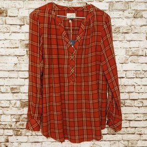 Burnt Orange Plaid Shirt Women's Large, Long Sleeved Buttoned Blouse, Curved Hem